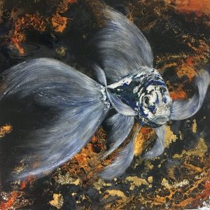 "Bathed In Gold" - SOLD A beautiful serene koi, gliding effortless through its golden pond. The blue koi is often very masculine and can be associated with reproduction. Blue and white koi are symbols of the son of a family. As with anything blue, it also represents peace, tranquility and calmness.