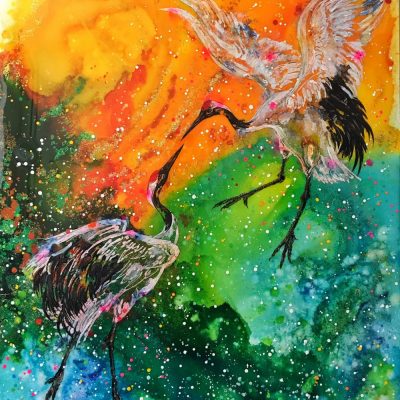"Fly Away With Me" - Balletic Red Crowned Cranes, performing in front of the sunset skies. He is wanting her to fly away with him....forever. these cranes are sacred and seen as a symbol of fidelity, love and longevity.