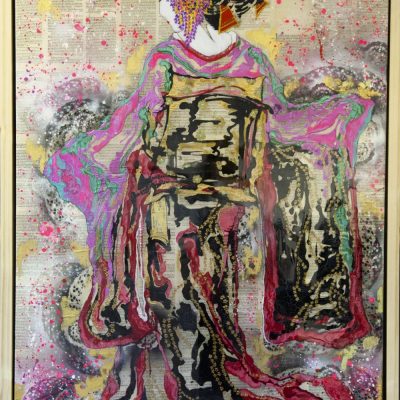 "Serene Beauty" - SOLD - Fluid Acrylics, Metallic Lustres, Genuine Gold Leaf on canvas coated in epoxy resin. 101.5cm x 162.5cm Framed - The exquisite calm and beauty of the Geisha is something that over the years has never diminished. “I don't know when we'll see each other again or what the world will be like when we do. We may both have seen many horrible things. But I will think of you every time I need to be reminded that there is beauty and goodness in the world.” ― Arthur Golden, Memoirs of a Geisha 