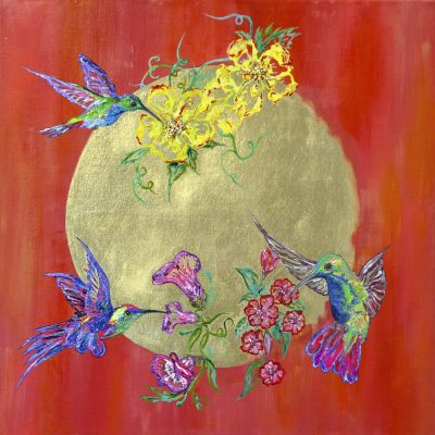"In Your Light We Gather - Tiny exquisite winged creatures gather around blooms in front of the golden sun in search of the nectre of life - £675