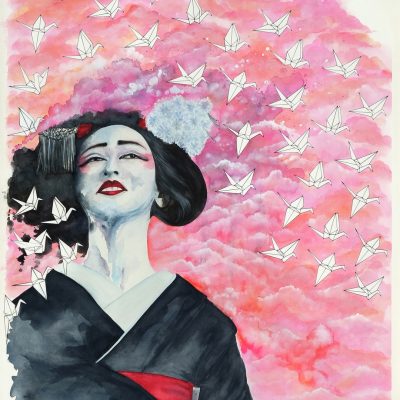 "What Might Have Been" This beautiful painting is based on the story Sadako and the One Thousand Paper Cranes - Original Watercolour - Float mounted in white frame, overall size 30 x 38" Please message for pricing