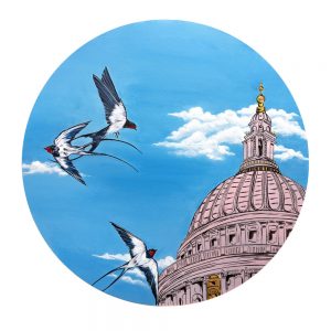 Swallows over St Paul's - SOLD - Original Acrylic and fine liner pen on canvas framed in black circular frame