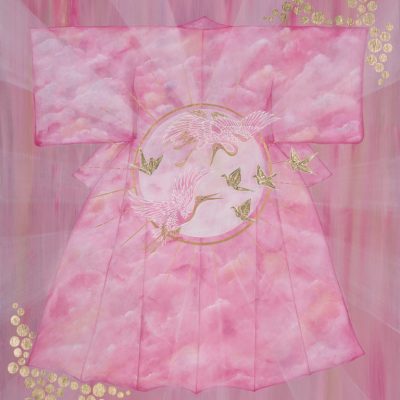 "Celestial Flight" - 90 x 70cms - Cranes and moon on pink cloudy background. This beautiful Kimono is painted with acrylic paint and embellished with gold leaf on wooden cradled panel - Unframed 